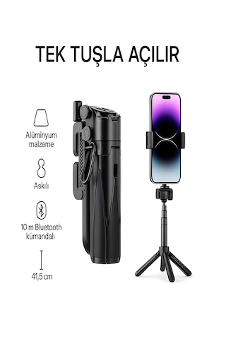 41.5 Cm 360 Ayarlanabilir Bluetooth Kumandalı Kablosuz Tripod Selfie Stick Monopod