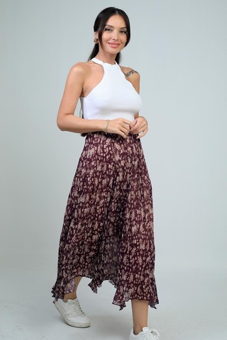 Kadın Beli Lastikli Astarlı Mini Çiçekli Midi Kraşlı Üçgen Etek-41697 Mürdüm