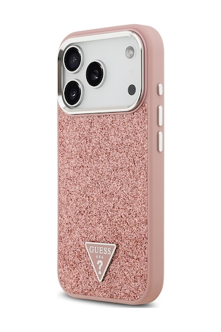 Apple Uyumlu iPhone 17 Pro Kılıf Guess Lisanslı M-safeli Metal Kamera Çerçeveli Üçgen Logolu Glitter Pembe Pembe