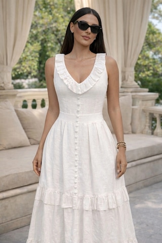 Asprinfashion V Yaka Önü Süs Düğmeli Keten Elbise Beyaz