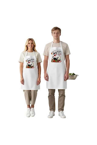 Kadın Aşçı Önlüğü Karikatür Kedi Baskılı Mutfak Temalı Unisex Rah Beyaz