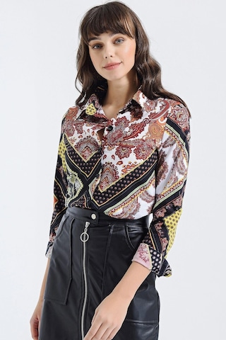 Kadın Siyah Modern Tarz Desenli Uzun Kollu Gömlek Siyah - Ekru