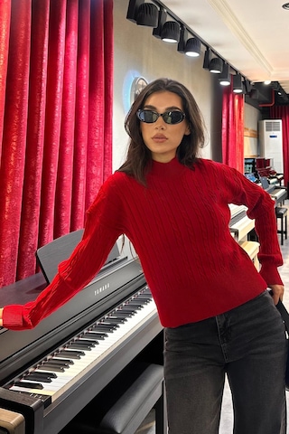 Madmext Kırmızı Yarım Balıkçı Yaka Örgülü Triko Kadın Kazak Mg2257 Kırmızı