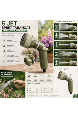 5 Jet Sprey Sulama Tabancası 5 Fonksiyonlu Ayarlanabilir Bahçe Hortum Tabancası, Ergonomik 1 Adet