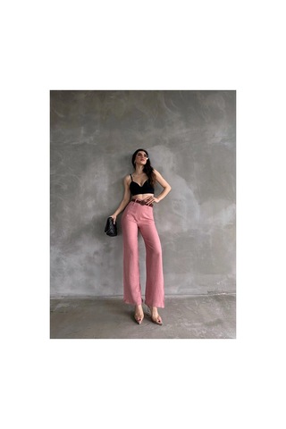 Nido Moda Beli Kemerli Keten Pantolon Pembe