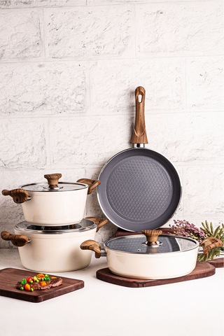 Mango Kitchen Aqua Crystal - 7 Parça Granit Tencere Seti Krem Mastercook Yapışmaz Tencere Tava Seti Inox