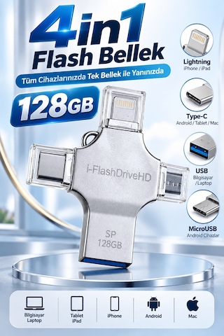 4in1 128gb Flash Bellek Usb Type-c Lightning Microusb Çoklu Giriş