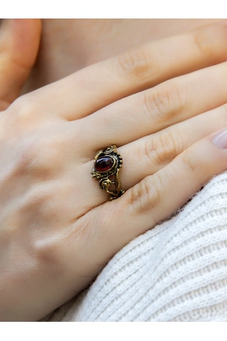 Doğal Taş Garnet Lal Doğal Taşlı Antik İşlemeli Ayarlanabilir Kadın Yüzük Euy36g MOR