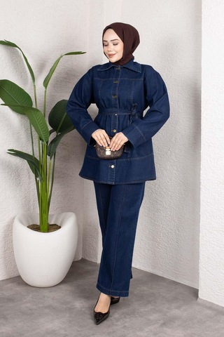 Misskayle Kuşaklı Düğmeli Denim Takım Rahat Kesim İkili Kombin Koyu Mavi Koyu