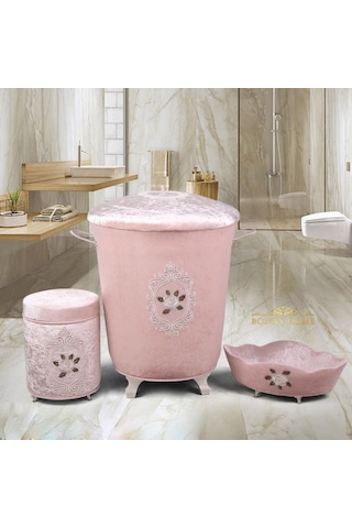 Shems Pudra 3Lü Kadife Banyo Kirli Çamaşır Sepeti Seti Pudra