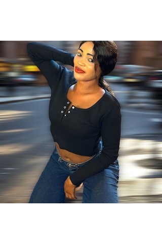 İbeeka Yeni Sezon Havuz Yaka Kesim Çıtçıt Yakalı Pamuk Kaşkorse Crop Body / Bluz Siyah Renk Siyah