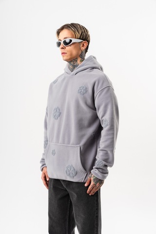 Respire Erkek Süzene Nakış Detaylı Kapüşonlu Oversize Polar Hoodie Gri