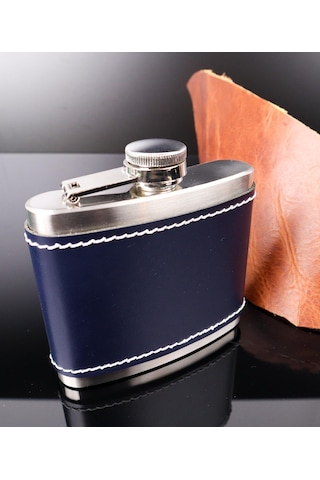 Perlotus 5 Oz-150 Cc Hunili Lacivert Premium Deri Kılıf Çelik Viski İçki Konyak Matarası Sevgililer Günü