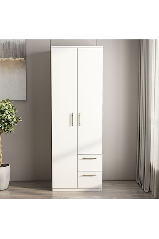 Merlin 2 Kapaklı, Çekmeceli Gardırop, Yatak Odası Dolap, Elbise Dolabı İstanbul Ceviz - 172 Cm / Beyaz