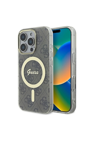 Apple iPhone 16 Pro Uyumlu Kılıf Guess Lisanslı Magsafe Özellik Yazı Logolu 4g Desenli Kahverengi