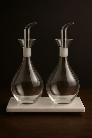 Qerhome Mermer Stantlı Borosilikat Cam Tombul Yağlık 2'li Set 900 Ml Şeffaf