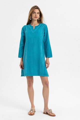 Turkuaz İşlemeli Uzun Kollu Astarsız Pamuklu Kısa Elbise-turkuaz Turkuaz