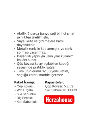 Herza House 5 Parça Akrilik Banyo Seti Krem Tek Ebat Çok Renkli