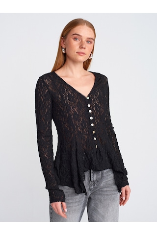 Dilvin 60433 Düğmeli Peplum Dantel Hırka-siyah Siyah