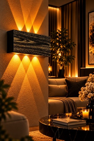 Siyah Gold Ahşap Desenli 12w 2200k Amber Işıklı 3 Gözlü Yukarı Aşağı Dekoratif Duvar Apliği 16 Cm Amber Işık