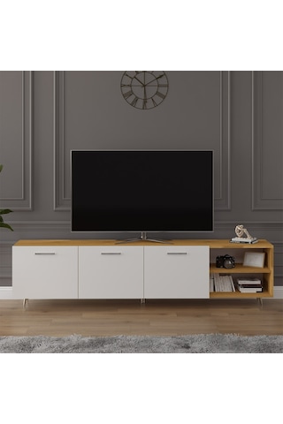 Asra Trend Tv Ünitesi T-20 %100 MDF 200 cm Büyük Boy Tv Sehpası Dolaplı Raflı Petra-Beyaz