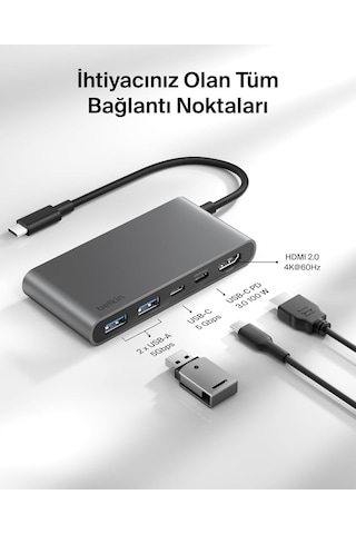 Belkin Usb-c Hub, 5 Portlu, 60 Hz'de 4k Hdmı Ekran Desteği, 100w Güç İletimi, 5gbps Usb-c Çoklu Port Adaptörü, Gri