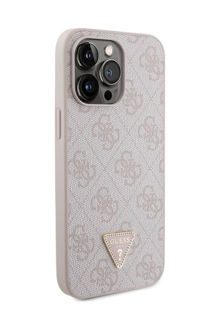 Apple Uyumlu iPhone 14 Pro Max Kılıf Guess Lisanslı Pu Deri Taşlı Metal Üçgen Logolu Çapraz Vücut Askılı Pembe