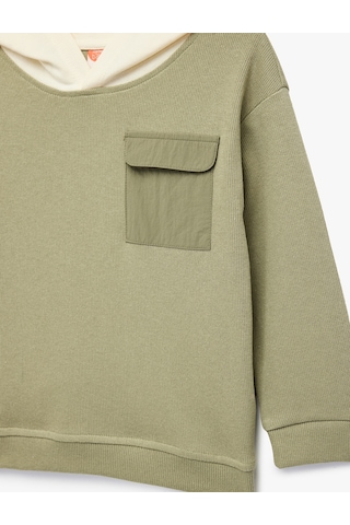 Koton Kapaklı Cep Detaylı Pamuklu Bisiklet Yaka Uzun Kollu Kapşonlu Sweatshirt Haki 7wmb10017tk