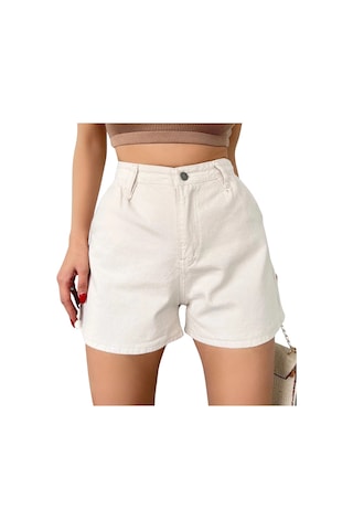 Mini Denim Şort Cepli -krem