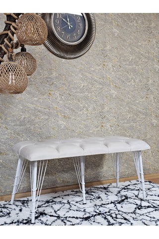 Zafir Metal Beyaz Tel Ayaklı 100 Cm Puf Bench - Puf - Bench - Oturak - Mutfak Oturağı - Antre Oturağı Krem