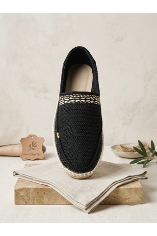Orifkozmo %100 El Yapımı El Örgüsü Erkek Espadril & Hafif Casual Yazlık Ayakkabı Siyah