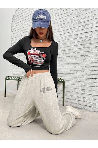 West Coast Eşofman Altı Jogger - Gri Baskılı Lastik Paça Yüksel Bel Gri