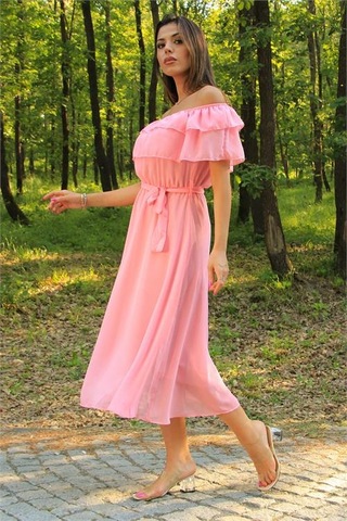 Neşeli Butik Kadın Pembe Kuşaklı Madonna Yaka Baby Shower Elbise Nb8060 Pembe