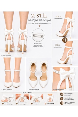 Craft Moda Kadın Arkası Açık Fiyonklu Stiletto Çıkarılabilir Fiyonk Detaylı İnce Topuklu Abiye Ayakkabı Beyaz