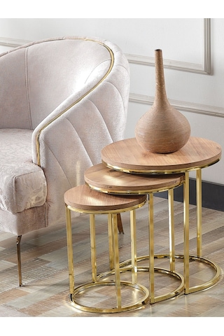 3' Lü Açık Ceviz Ahşap Gold Metal Sehpa