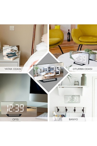 Led Aynalı Dijital Masa&duvar Saati Sessiz, Termometre, Usb Şarj,alarm Modern Şık Tasarım Siyah
