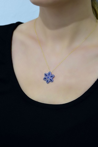 925 Ayar Gümüş Altın Kaplama Safir Damla Lotus Kolye