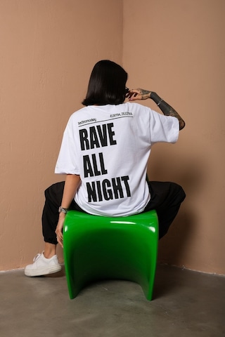 Technomonkey Unisex Beyaz Oversize Rave All Night Baskılı Techno Tişört