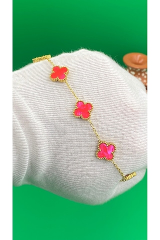 Gold Renk Yonca Desenli Çelik 316l Bileklik Koyu Pembe