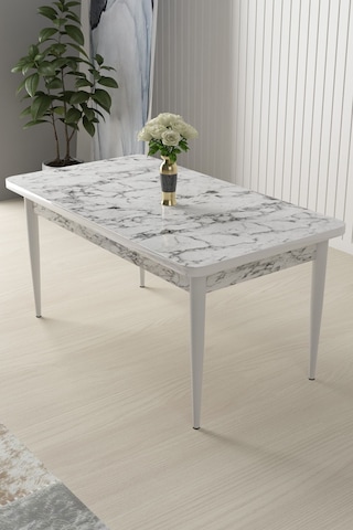 Canisa Concept Nil Serisi 70x110 Sabit Mutfak Masası Takımı Beyaz Mermer Desen Masa 4 Zebra Desen Sandalye Beyaz Masa Zebra Desenn Sandalyeler