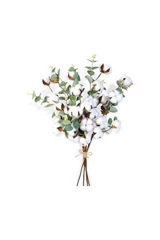 4 Adet Okaliptuslu Doğal Pamuk Çiçeği Dalı 5Li Kuru Çiçek Yapay Ç