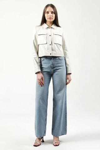 Dericlub Yb-Vgn1 Crop Fit Gerçek Deri Kadın Mont Bej