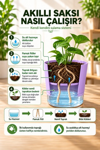 Akıllı Saksı Kendinden Sulamalı Fitilli Modern Dekoratif Saksı 2 Litre 06577596