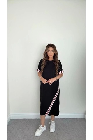 Defymoda Kadın Kol Ve Etek Şerit Detaylı Midi Boy Elbise Siyah