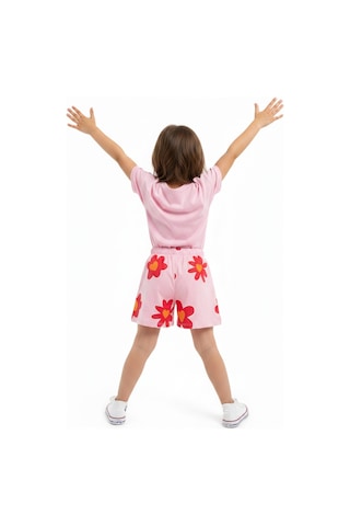 Toontoy Kids Toontoy Kız Çocuk 2'li Şortlu Takım Bisiklet Yaka Kısa Kollu Baskılı Tişört - Beli Lastikli Bağlamalı Baskılı Şort 25035 Pembe