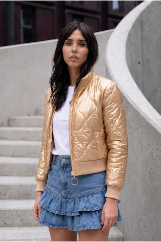 Weshaya New Collection Kadın Yeni Sezon, Gold Ekose Kareli, Astarlı, Cepli, Fermuarlı, Beli Ve Kolları Lastikli İnce Mont Altın
