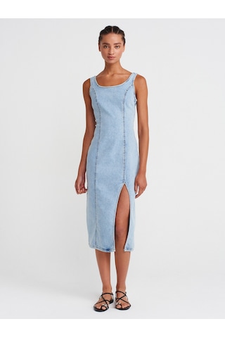 Dilvin 90565 Önü Derin Yırtmaçlı Denim Elbise-mavi Mavi