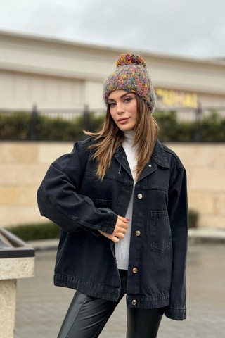 Kadın Siyah Apaş Yaka, Çift Cepli, Kaliteli Jeans Kumaş, Salaş Kot Ceket Siyah