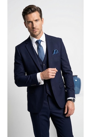 Erkek 3 Parça Slim Fit Takım Elbise Klasik Likralı Kumaş, Tek Düğme, Çift Yırtmaçlı Modern Kesim Ceket Yelek Pantolon Lacivert