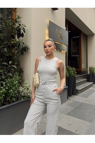 Kadın Kaşkorse Kumaş Atlet Ve Yüksek Bel Bol Paça Pantolon Ikili Takım Gri